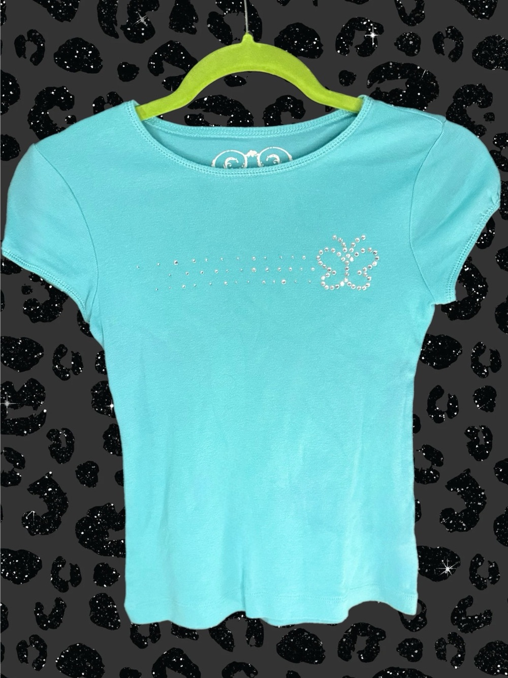 Vintage Turquoise Short Sleeve Tee with Rhinestone Butterfly Y2K Bling Crop Top